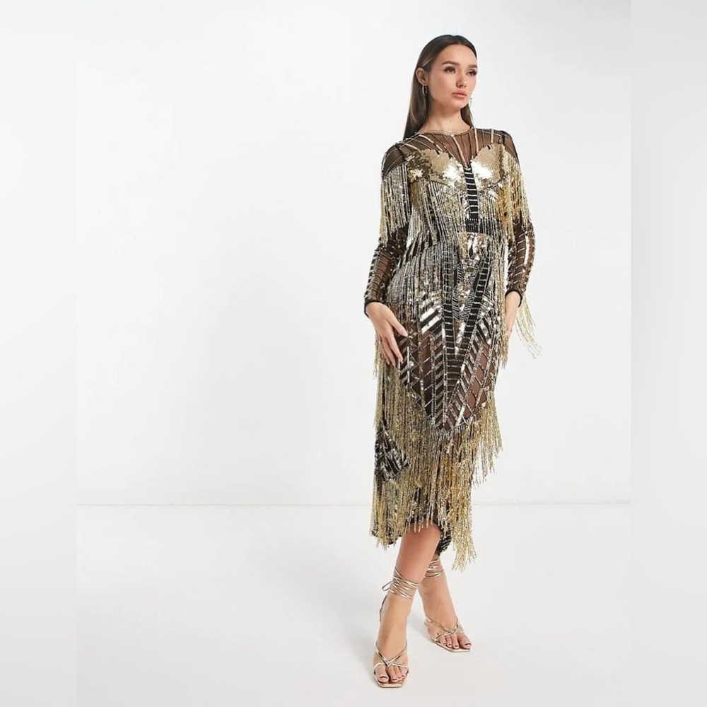 ASOS Gold and Black Fringe Dress